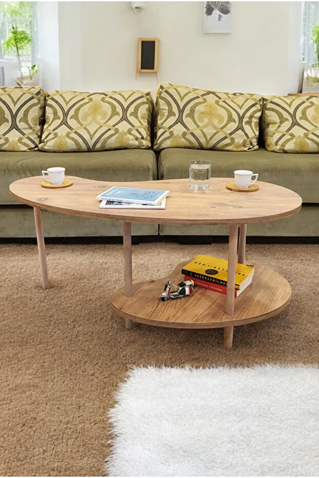 Fasülye Orta Sehpa Ahşap Ayaklı Sehpa Iki Raflı Sehpa Dekoratif Sehpa Gazetelikli - Çam